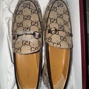 Gucci Beige Canvas Loafers with Crystal Details